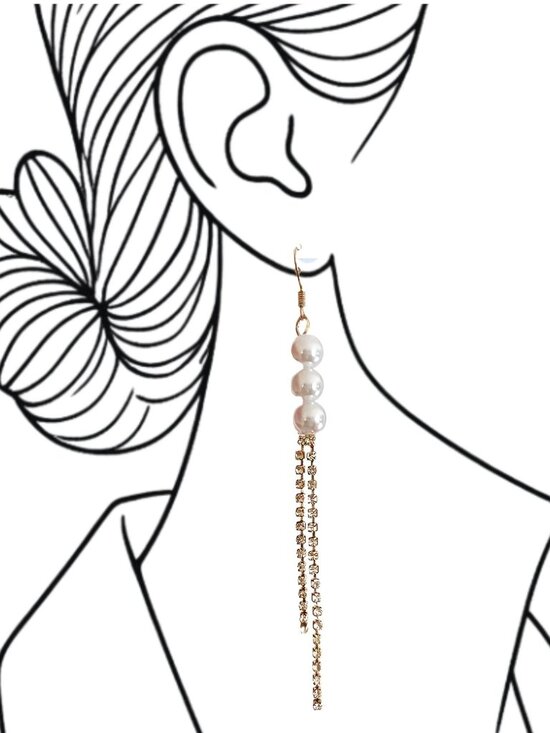 Jin na la Jewelry - Faux Pearl Rhinestone Earrings 4in Long Gold Glam Dangles